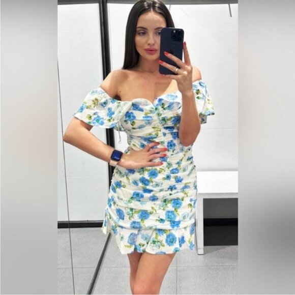 Zara Floral Linen-Blend Mini Dress Flowers Size XS Blogger’s Favourite - Picture 2 of 13